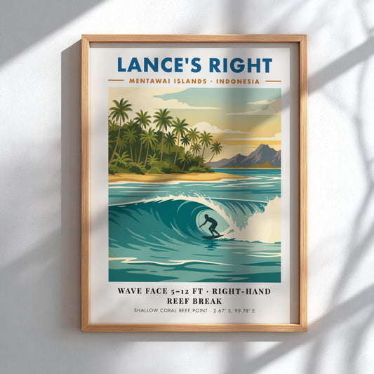 Surf travel poster of Lance's Right in the Mentawai Islands featuring a barrel wave.