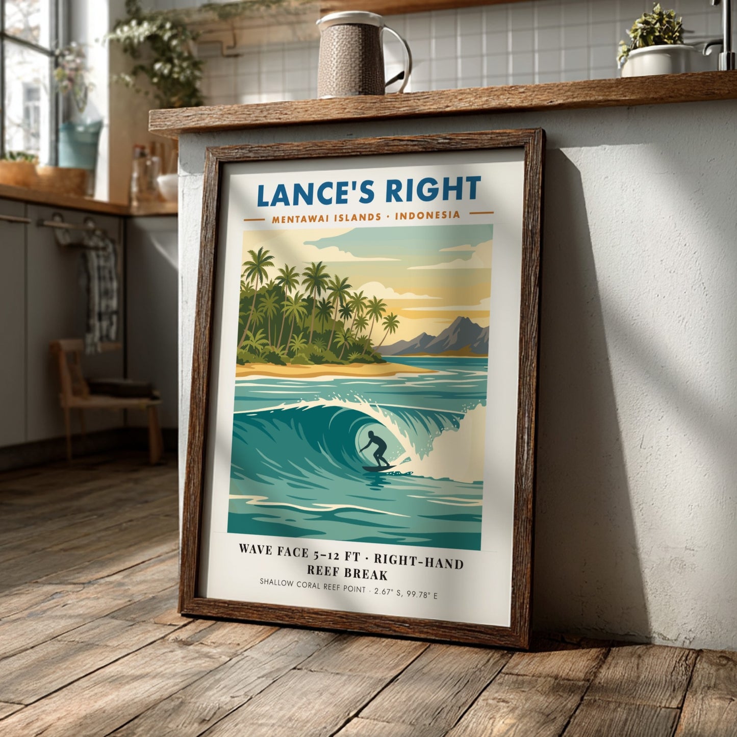 Surf travel poster of Lance's Right in the Mentawai Islands featuring a barrel wave.