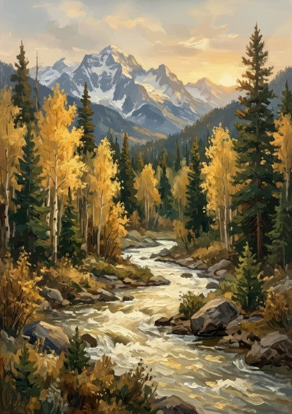 Poster of a mountain river flowing through an autumn forest with golden trees