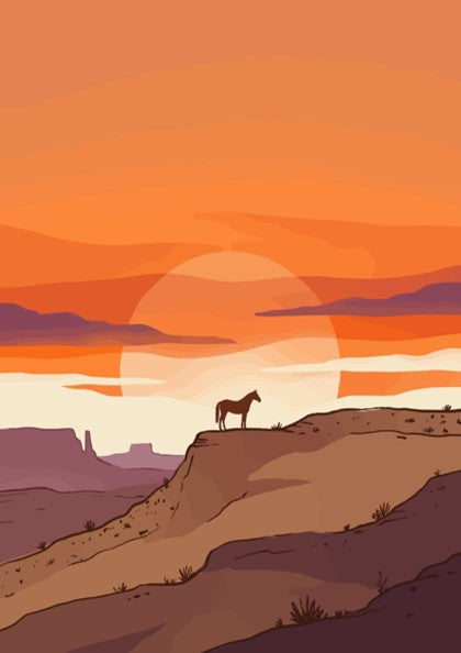 Poster featuring a horse silhouette standing on a desert mesa during a golden sunset.