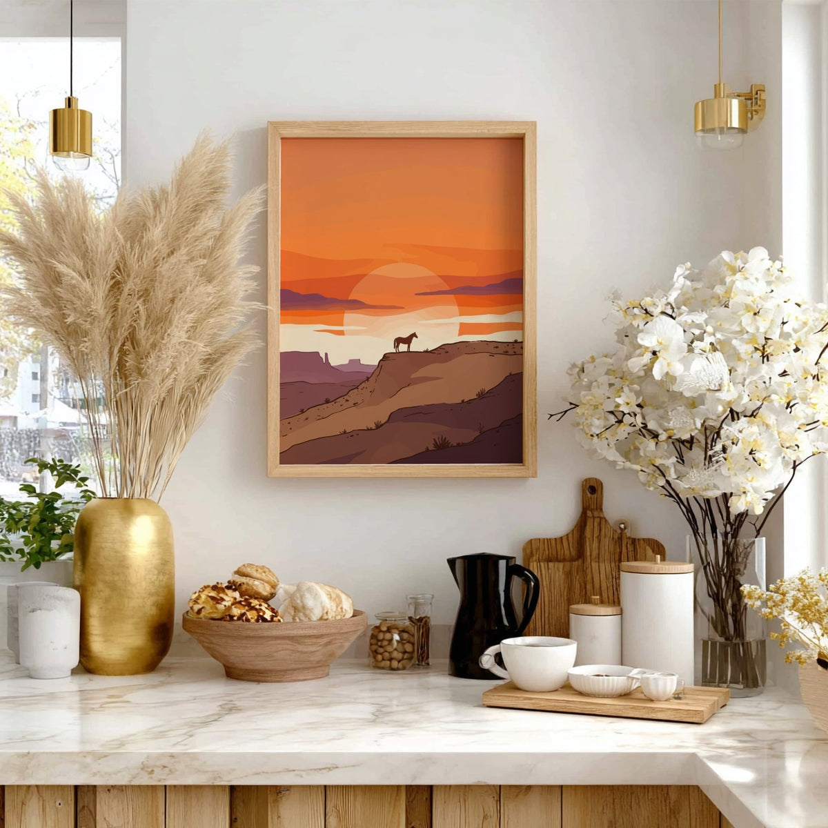 Poster featuring a horse silhouette standing on a desert mesa during a golden sunset.