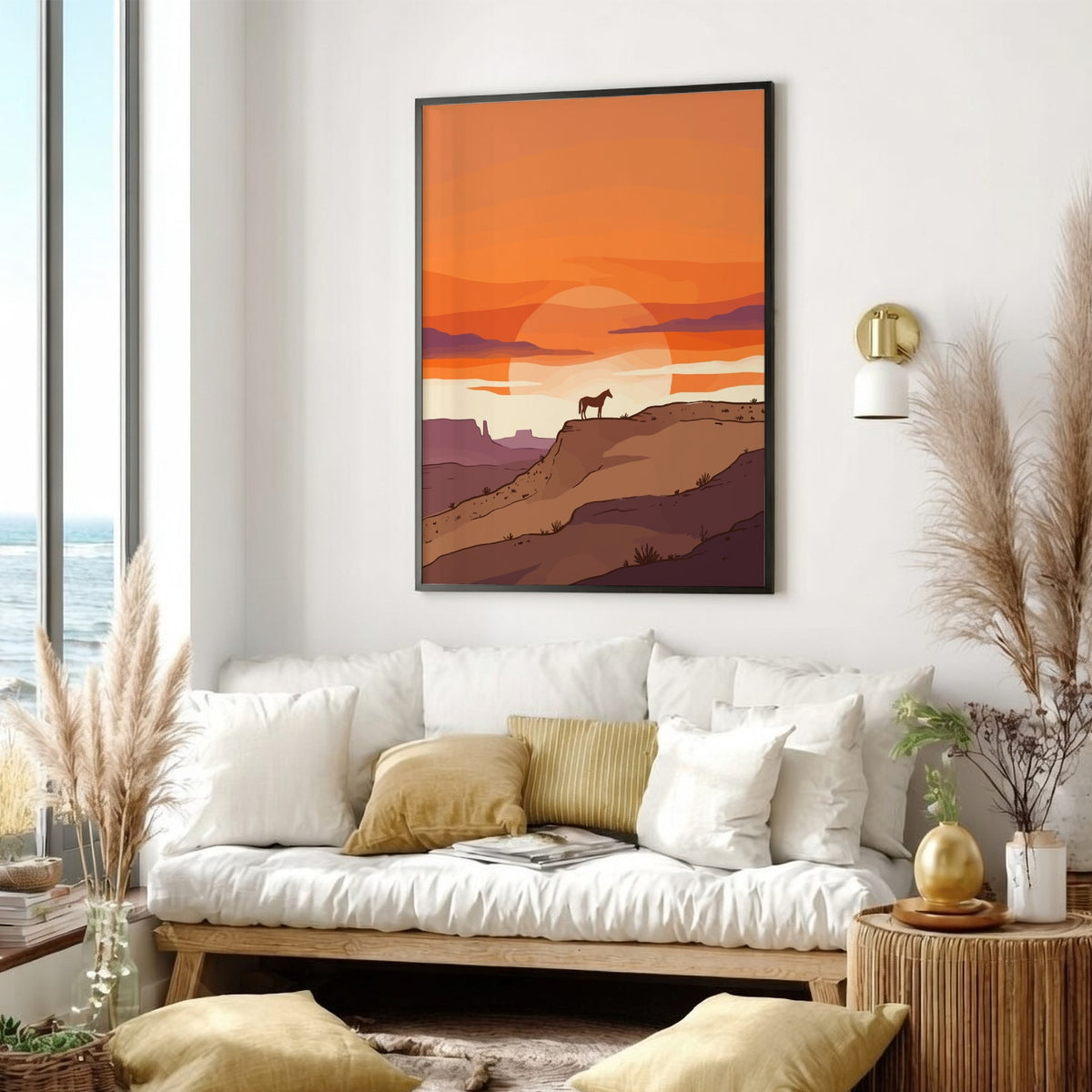 Poster featuring a horse silhouette standing on a desert mesa during a golden sunset.