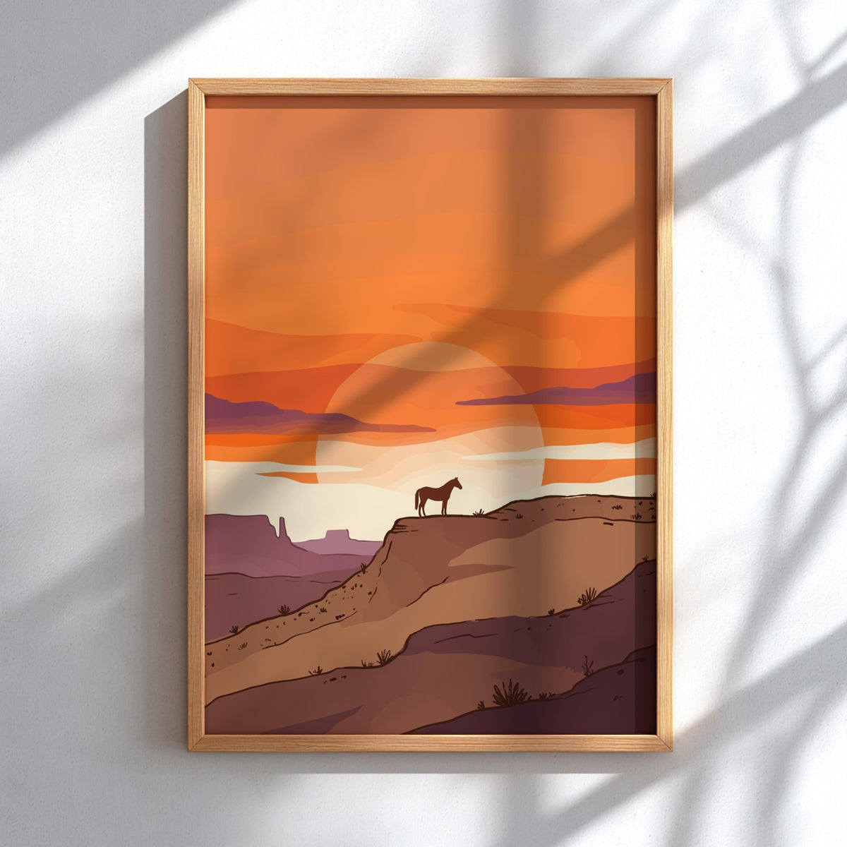 Poster featuring a horse silhouette standing on a desert mesa during a golden sunset.