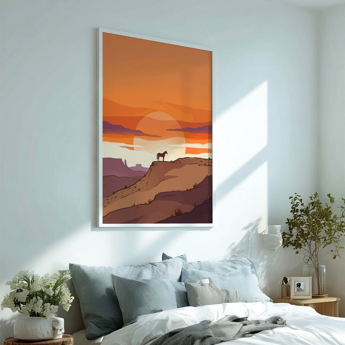 Poster featuring a horse silhouette standing on a desert mesa during a golden sunset.