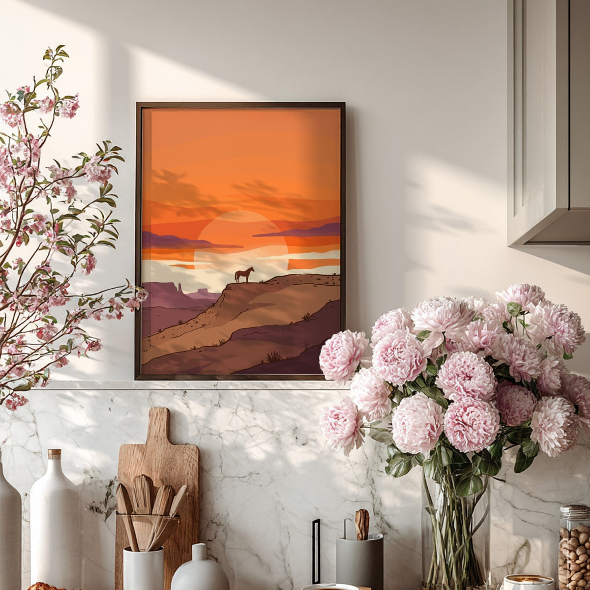 Poster featuring a horse silhouette standing on a desert mesa during a golden sunset.