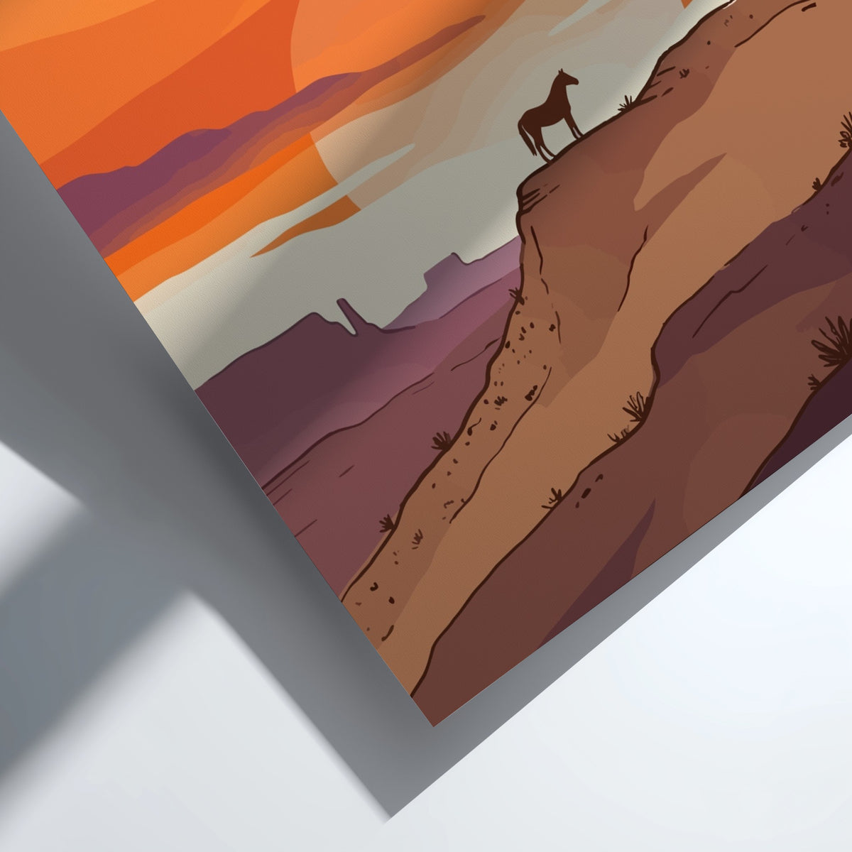 Poster featuring a horse silhouette standing on a desert mesa during a golden sunset.