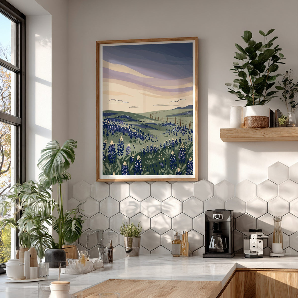 Poster featuring rolling hills covered in bluebonnets under a soft lavender sunset sky.