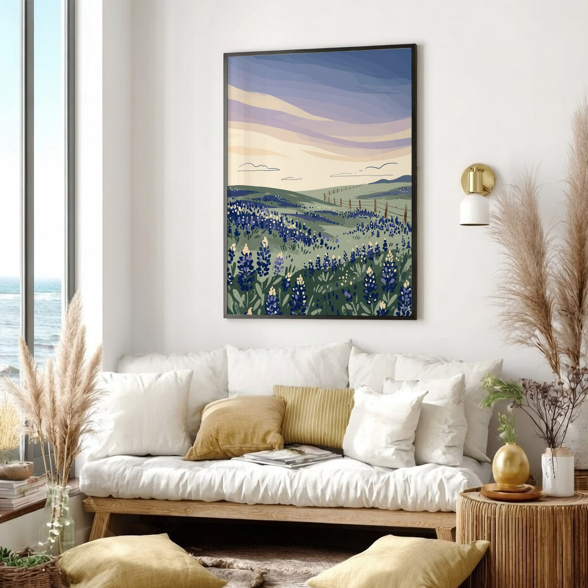 Poster featuring rolling hills covered in bluebonnets under a soft lavender sunset sky.