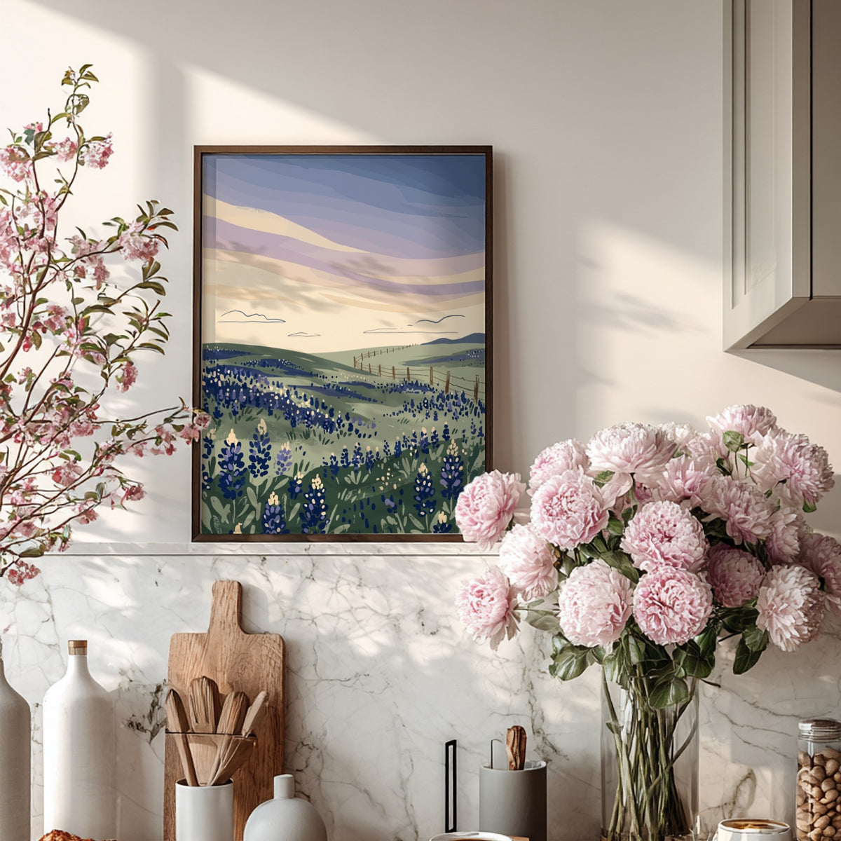 Poster featuring rolling hills covered in bluebonnets under a soft lavender sunset sky.