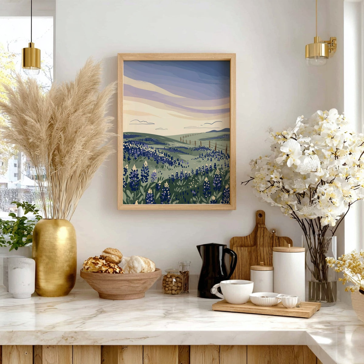 Poster featuring rolling hills covered in bluebonnets under a soft lavender sunset sky.