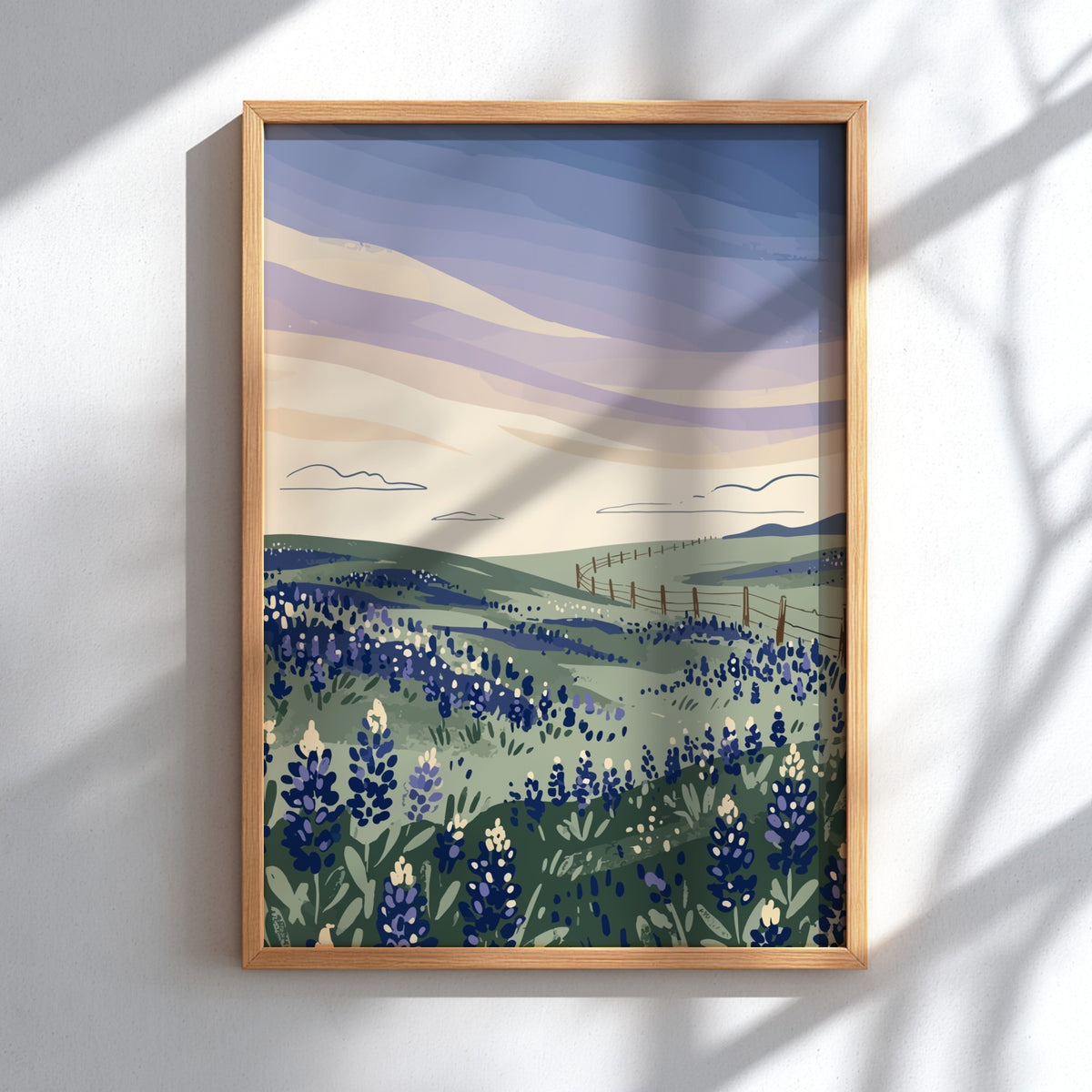 Poster featuring rolling hills covered in bluebonnets under a soft lavender sunset sky.