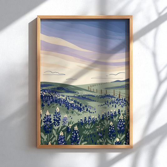Poster featuring rolling hills covered in bluebonnets under a soft lavender sunset sky.