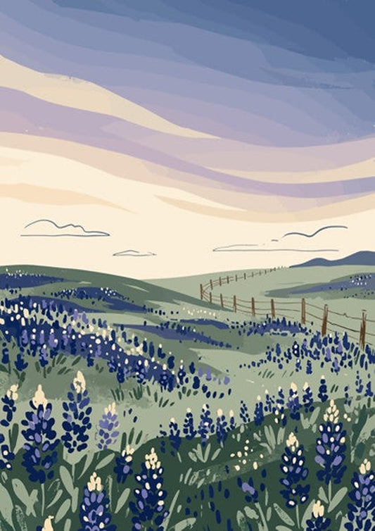 Poster featuring rolling hills covered in bluebonnets under a soft lavender sunset sky.