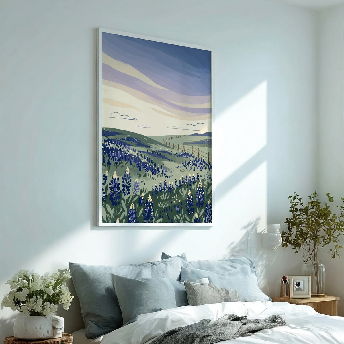 Poster featuring rolling hills covered in bluebonnets under a soft lavender sunset sky.
