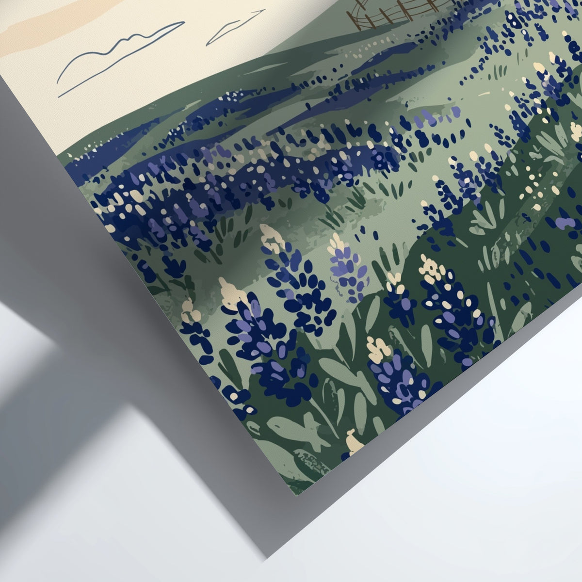 Poster featuring rolling hills covered in bluebonnets under a soft lavender sunset sky.