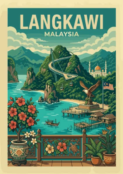 Langkawi Malaysia travel poster with lush mountains, turquoise water, and vintage illustration style.