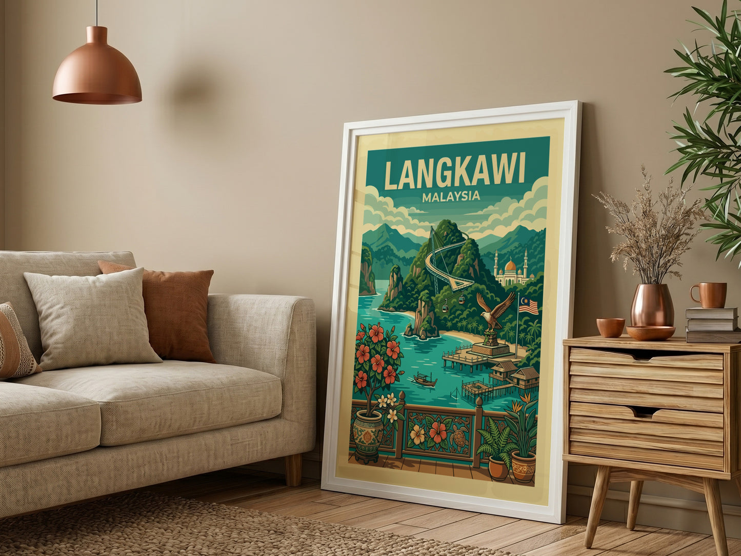 Langkawi Malaysia travel poster with lush mountains, turquoise water, and vintage illustration style.