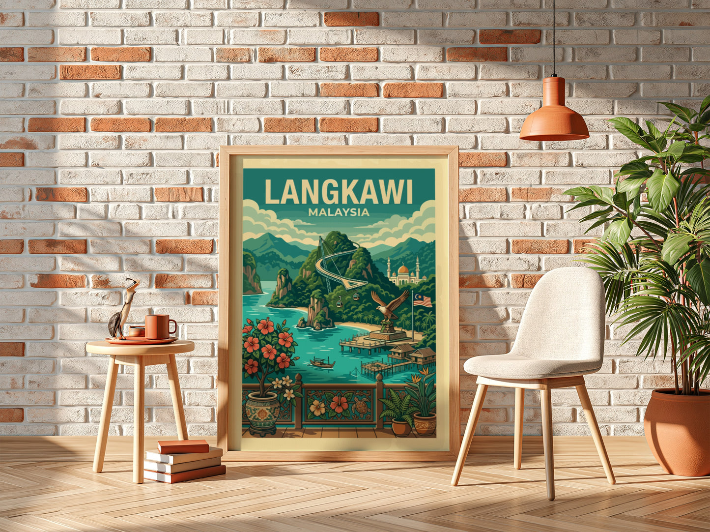 Langkawi Malaysia travel poster with lush mountains, turquoise water, and vintage illustration style.