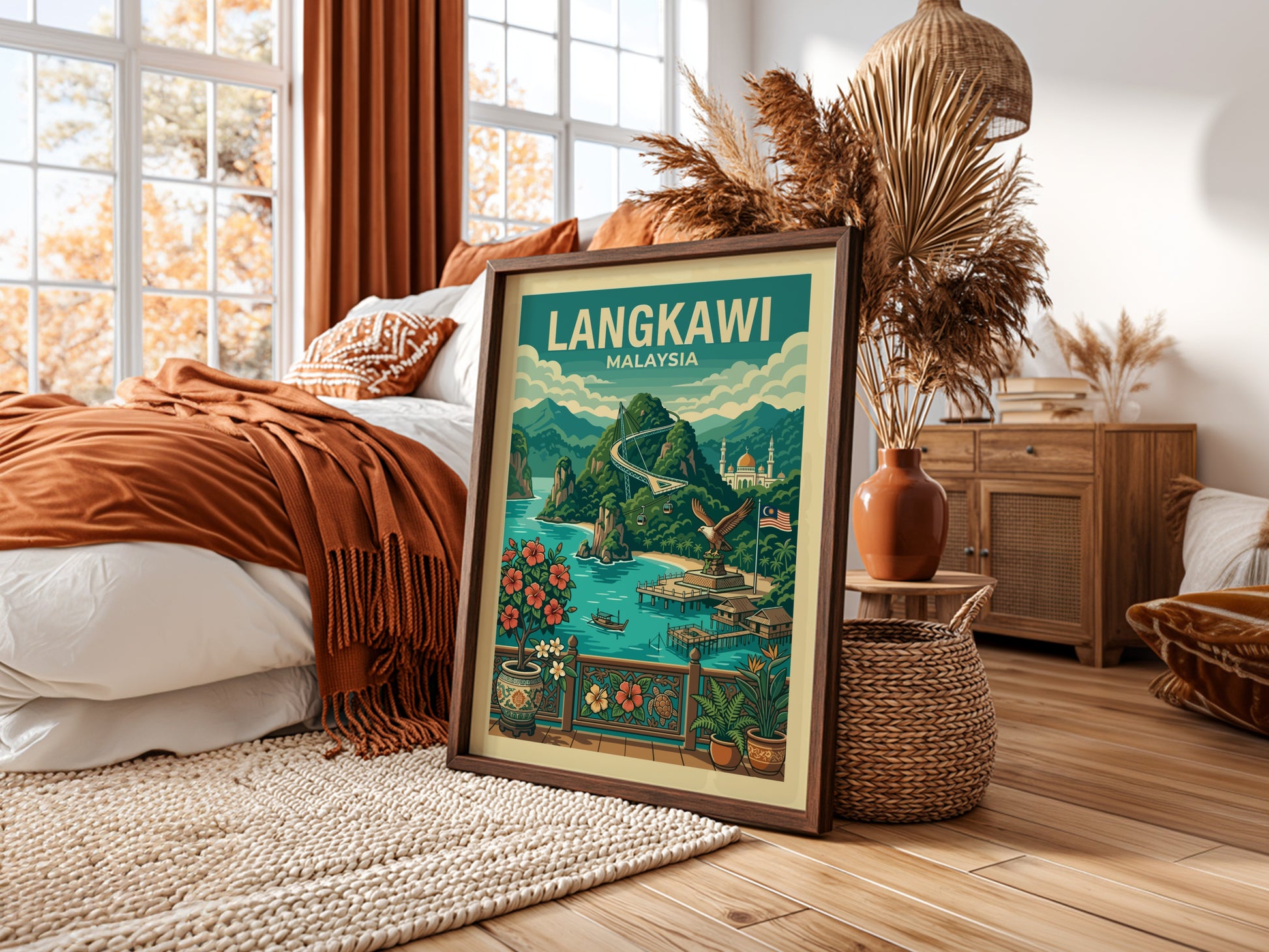 Langkawi Malaysia travel poster with lush mountains, turquoise water, and vintage illustration style.