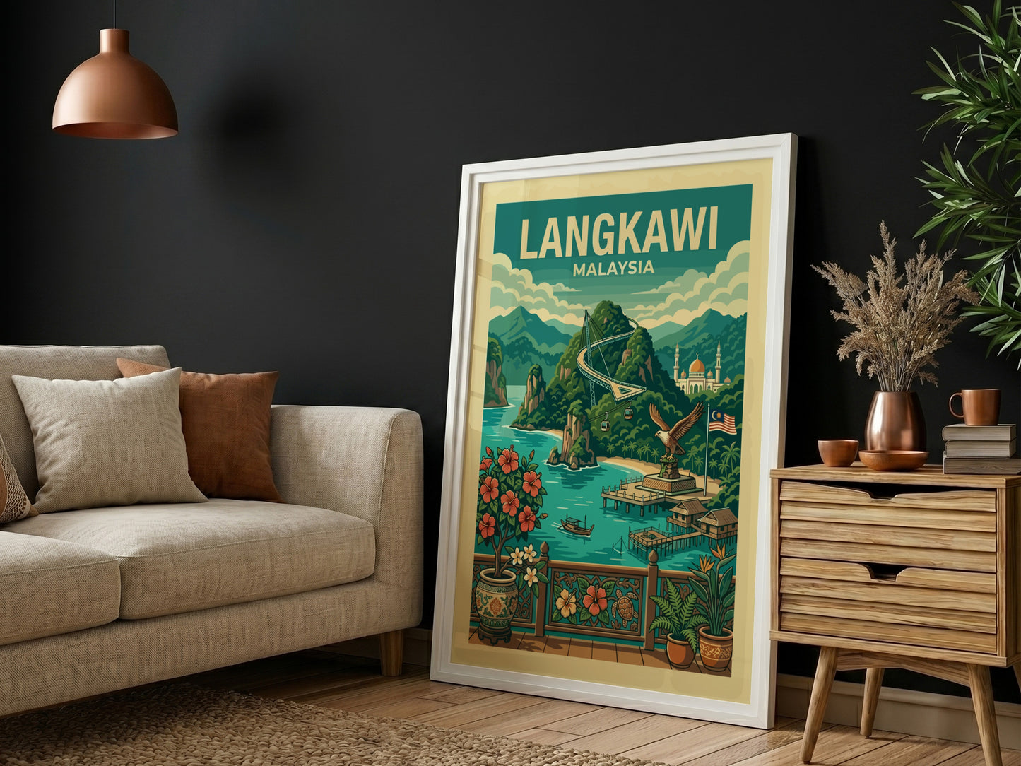 Langkawi Malaysia travel poster with lush mountains, turquoise water, and vintage illustration style.