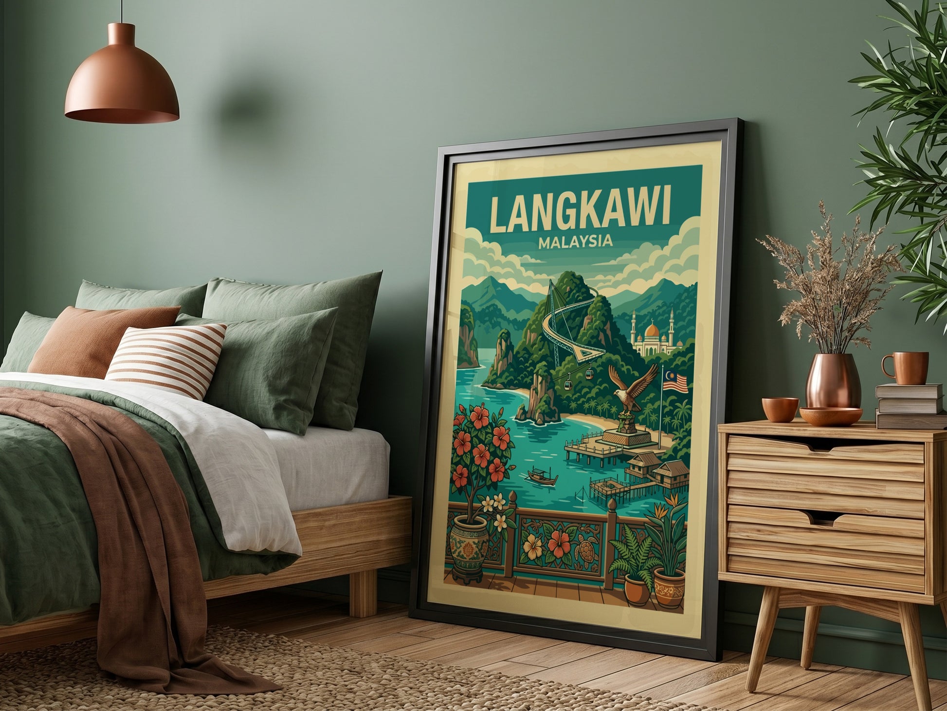 Langkawi Malaysia travel poster with lush mountains, turquoise water, and vintage illustration style.