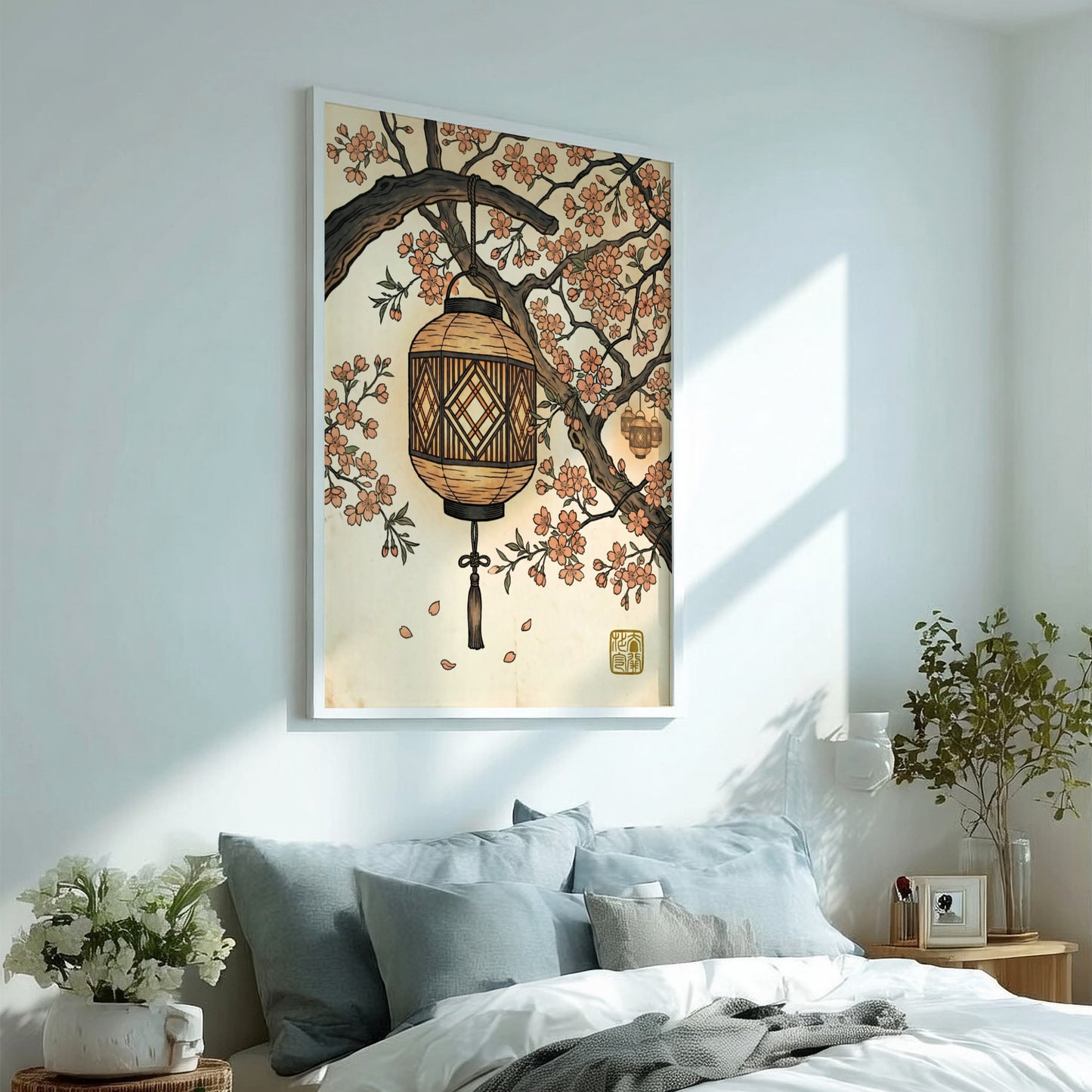 Japanese art style poster featuring a lantern and sakura branches in warm colors
