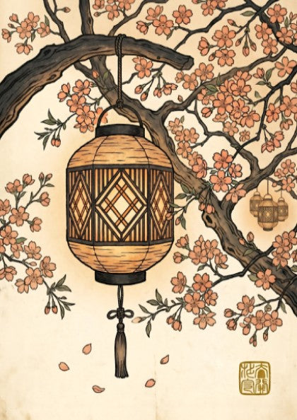 Japanese art style poster featuring a lantern and sakura branches in warm colors