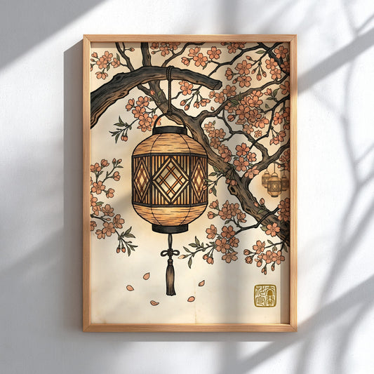 Japanese art style poster featuring a lantern and sakura branches in warm colors