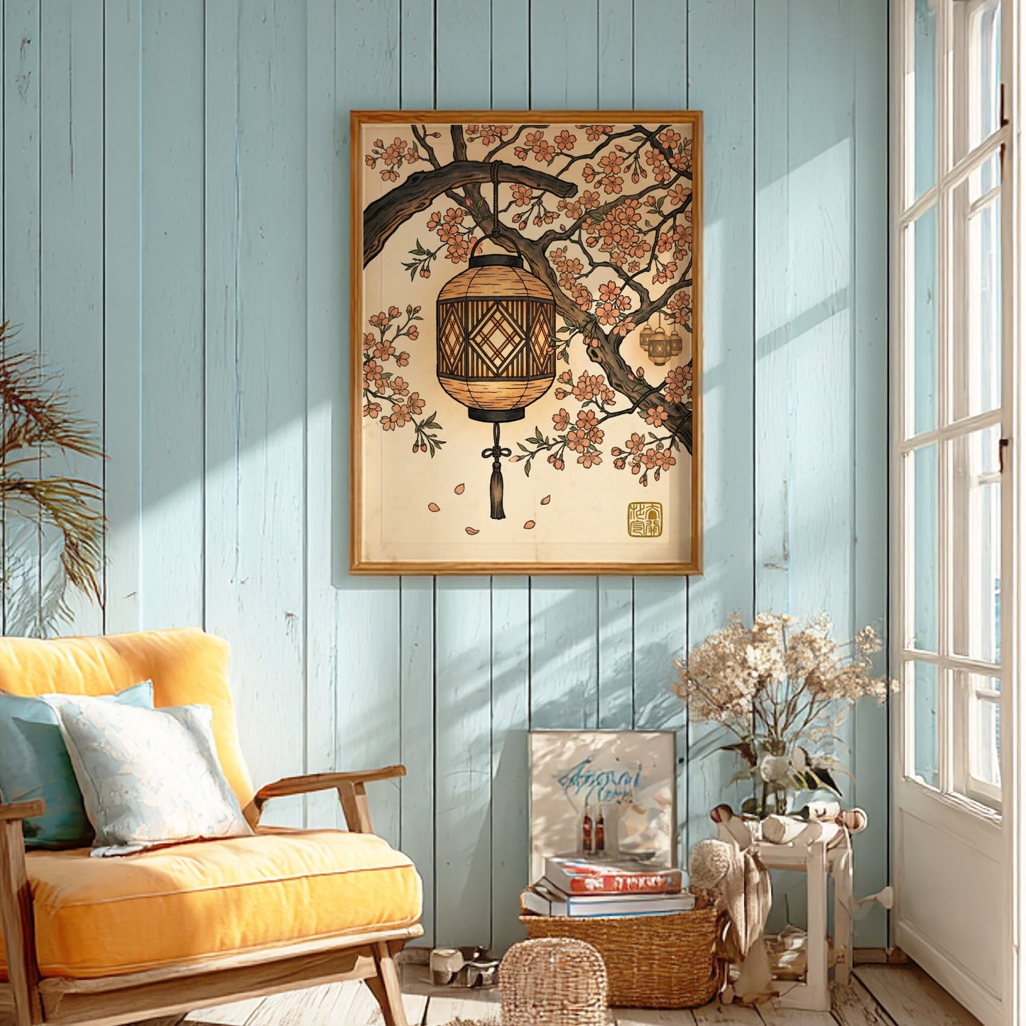 Japanese art style poster featuring a lantern and sakura branches in warm colors