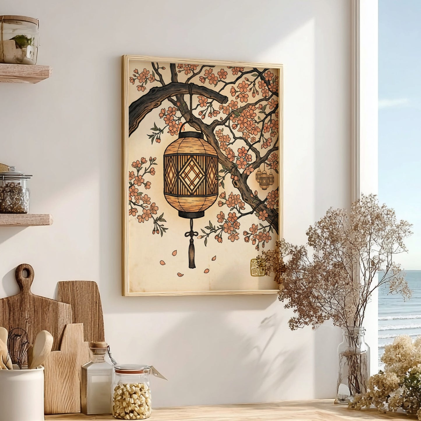 Japanese art style poster featuring a lantern and sakura branches in warm colors