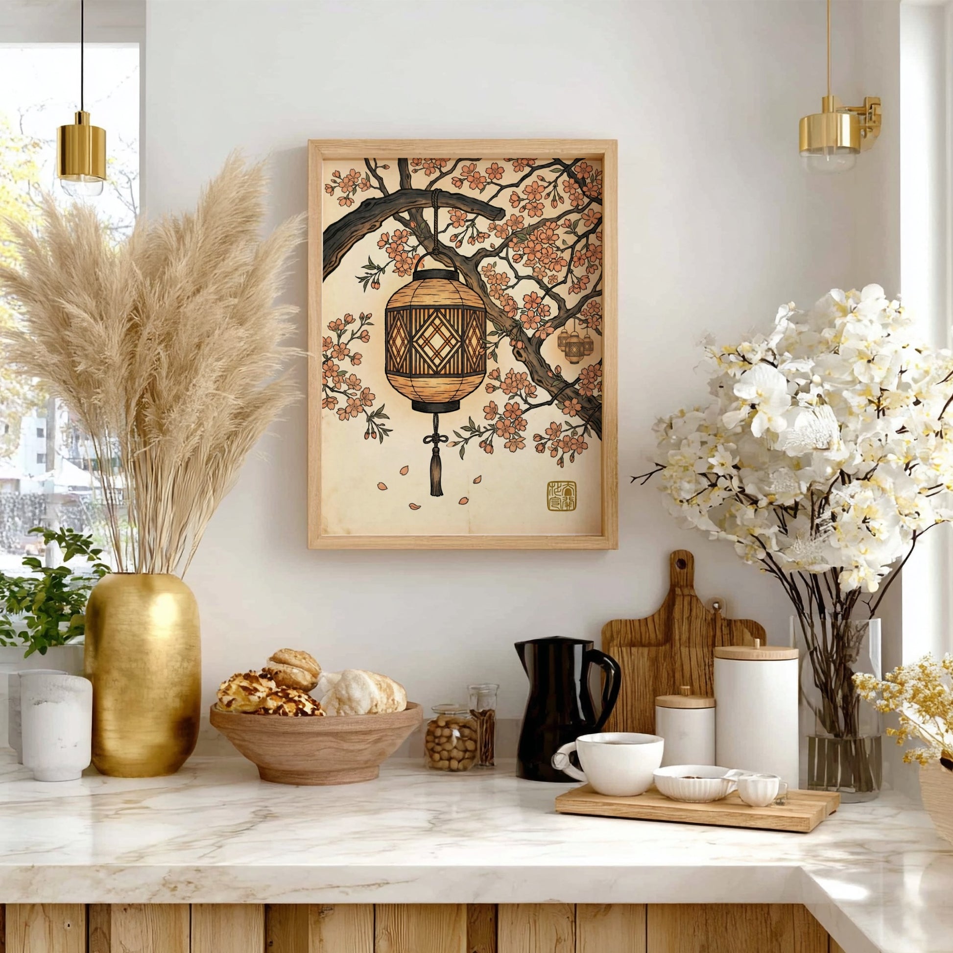 Japanese art style poster featuring a lantern and sakura branches in warm colors