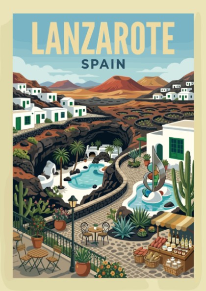Lanzarote Spain travel poster featuring volcanic landscapes, white buildings, and a pool in a retro style.
