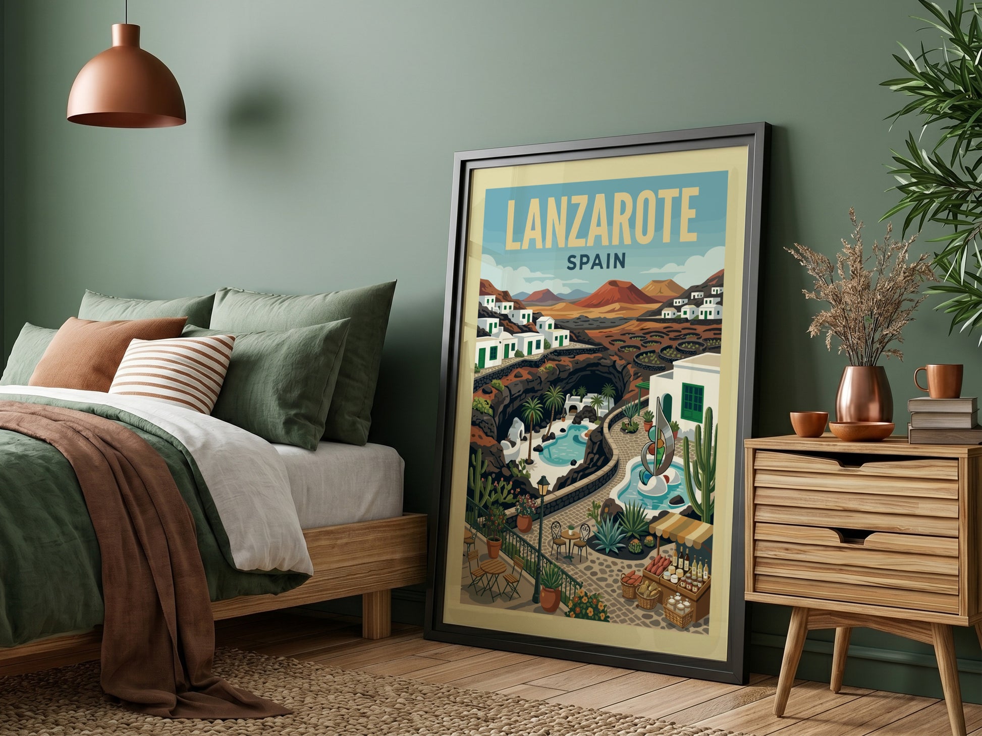 Lanzarote Spain travel poster featuring volcanic landscapes, white buildings, and a pool in a retro style.