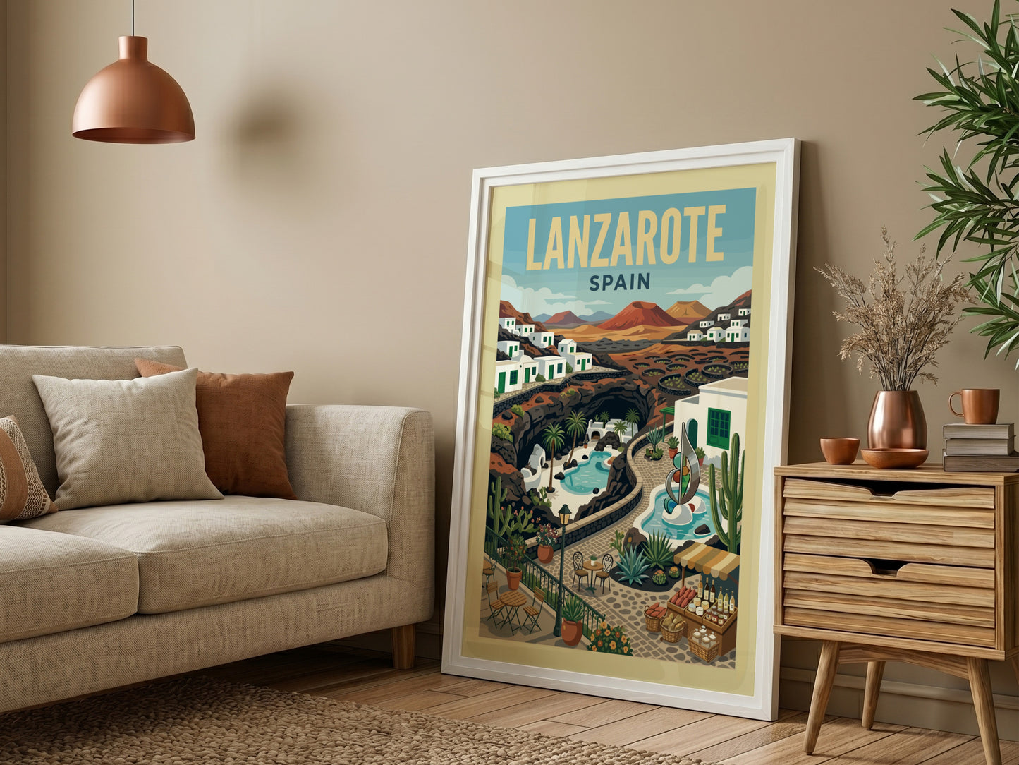 Lanzarote Spain travel poster featuring volcanic landscapes, white buildings, and a pool in a retro style.