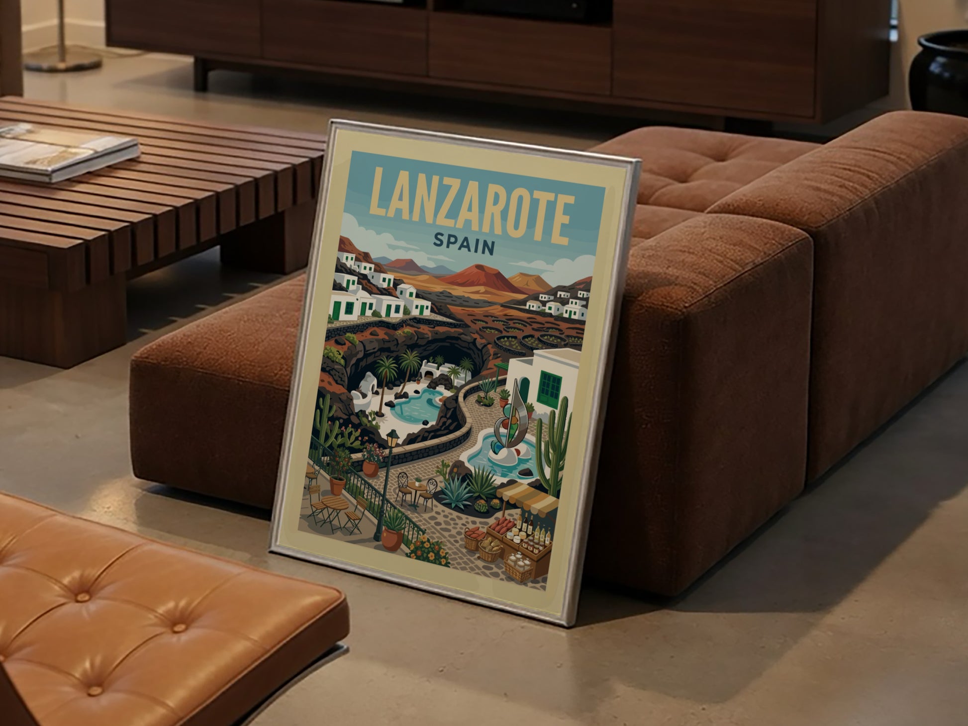Lanzarote Spain travel poster featuring volcanic landscapes, white buildings, and a pool in a retro style.