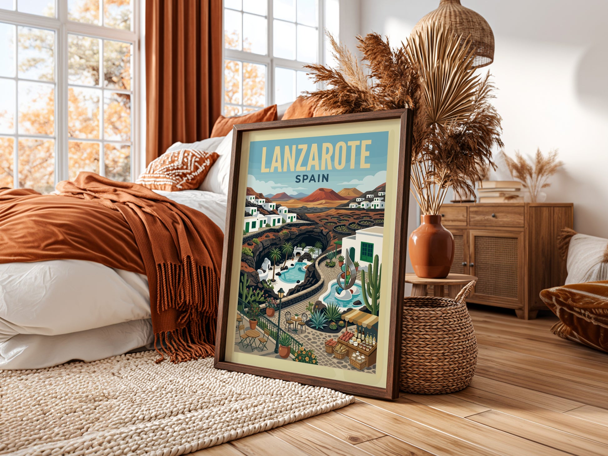 Lanzarote Spain travel poster featuring volcanic landscapes, white buildings, and a pool in a retro style.