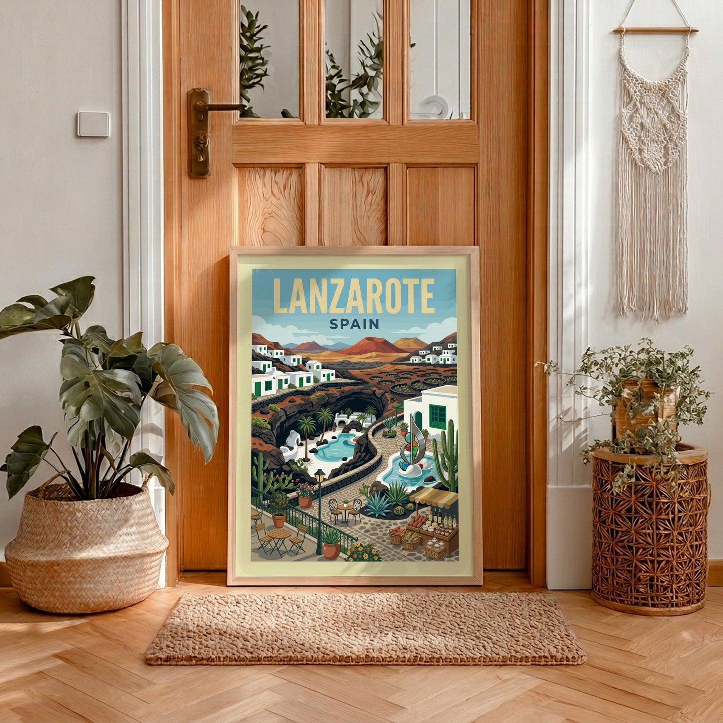 Lanzarote Spain travel poster featuring volcanic landscapes, white buildings, and a pool in a retro style.