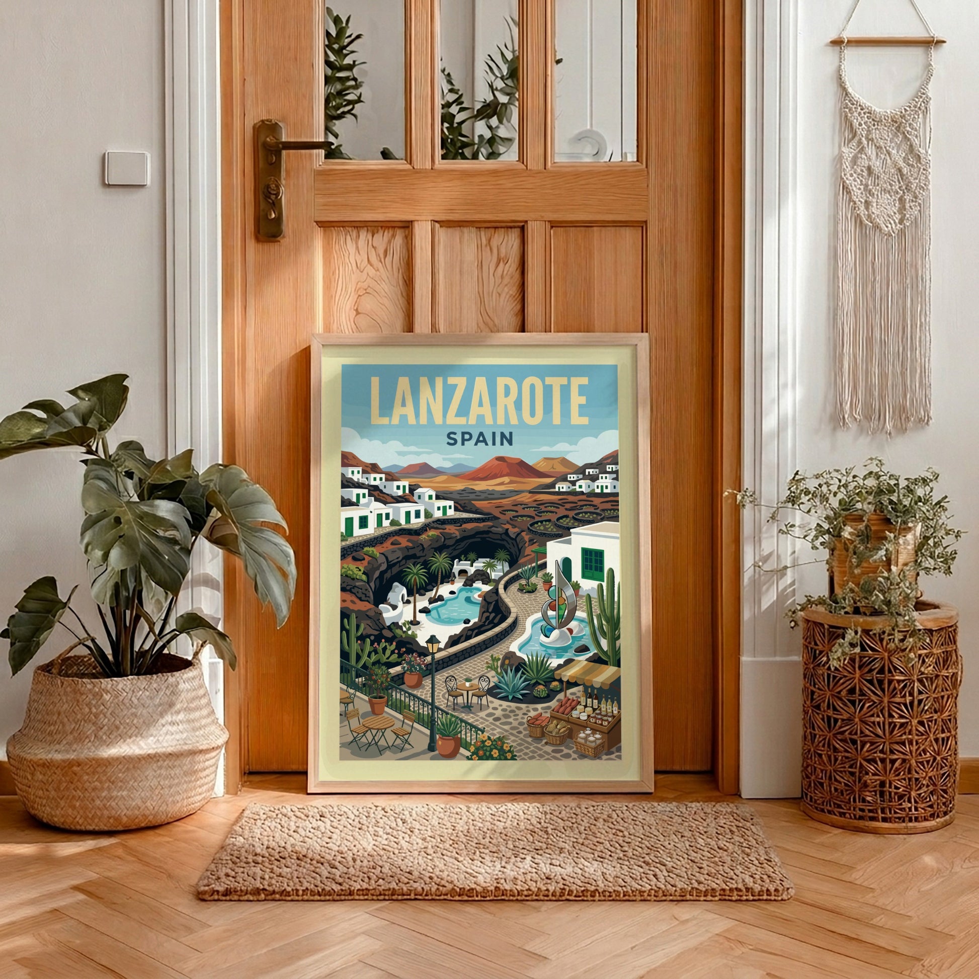 Lanzarote Spain travel poster featuring volcanic landscapes, white buildings, and a pool in a retro style.