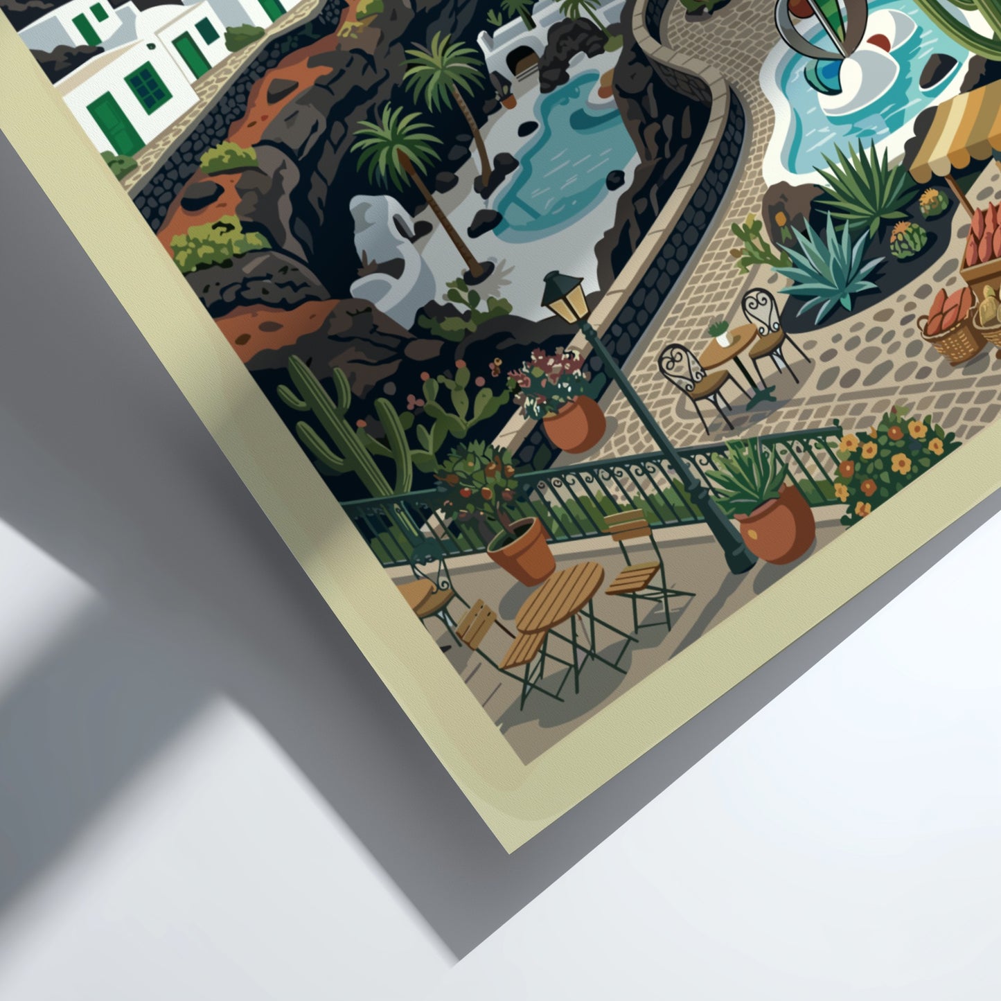Lanzarote Spain travel poster featuring volcanic landscapes, white buildings, and a pool in a retro style.