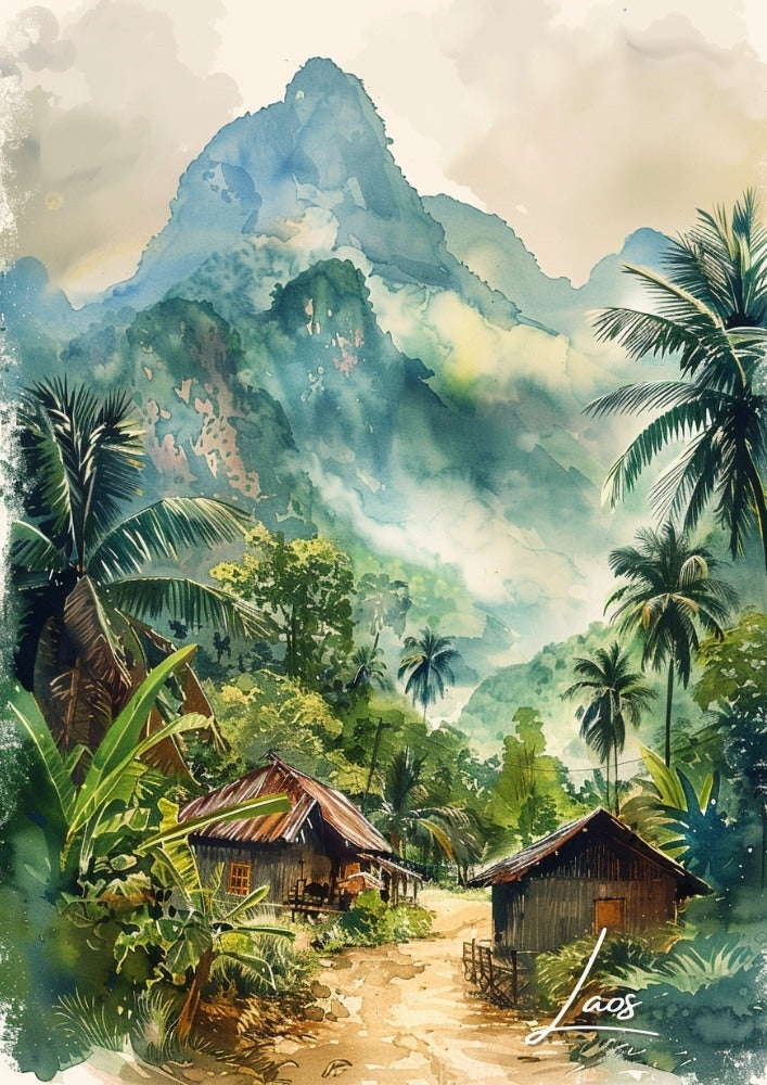Asian LAOS TRAVEL POSTER - VINTAGE LANDSCAPES ARTWORK
