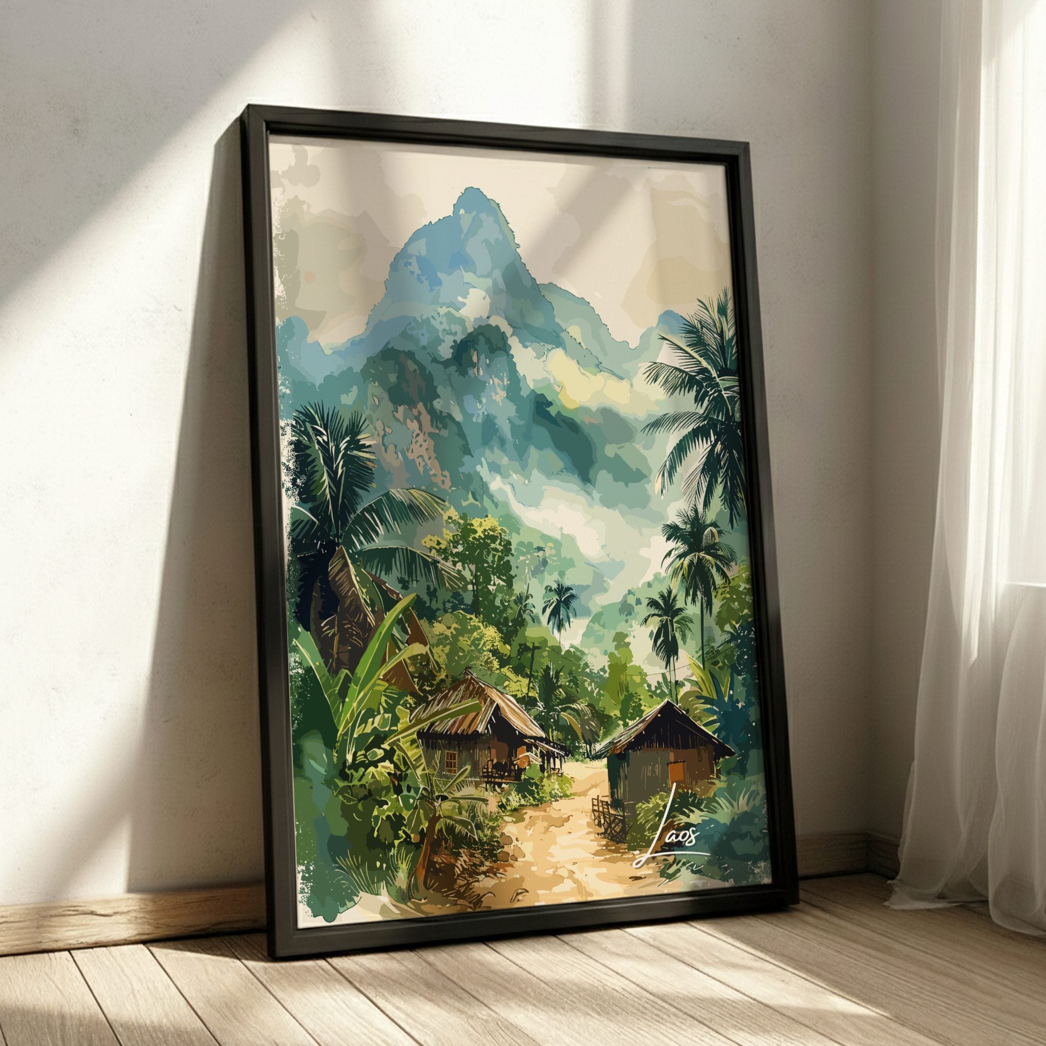 Asian LAOS TRAVEL POSTER - VINTAGE LANDSCAPES ARTWORK