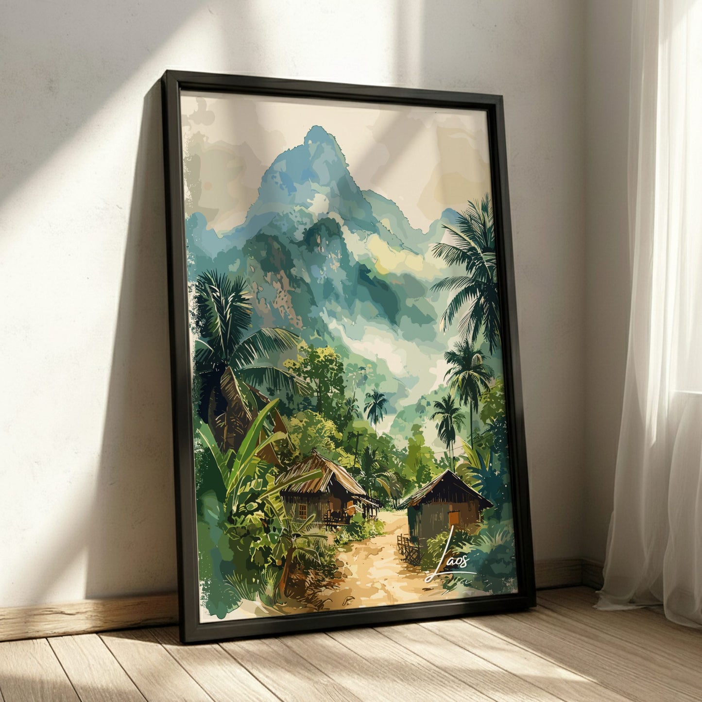 Framed painting of a tropical landscape with mountains and huts on a wall.