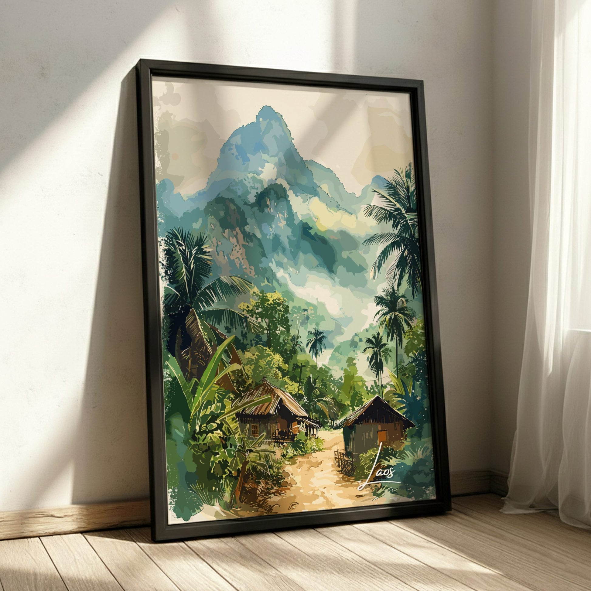 Framed painting of a tropical landscape with mountains and huts on a wall.