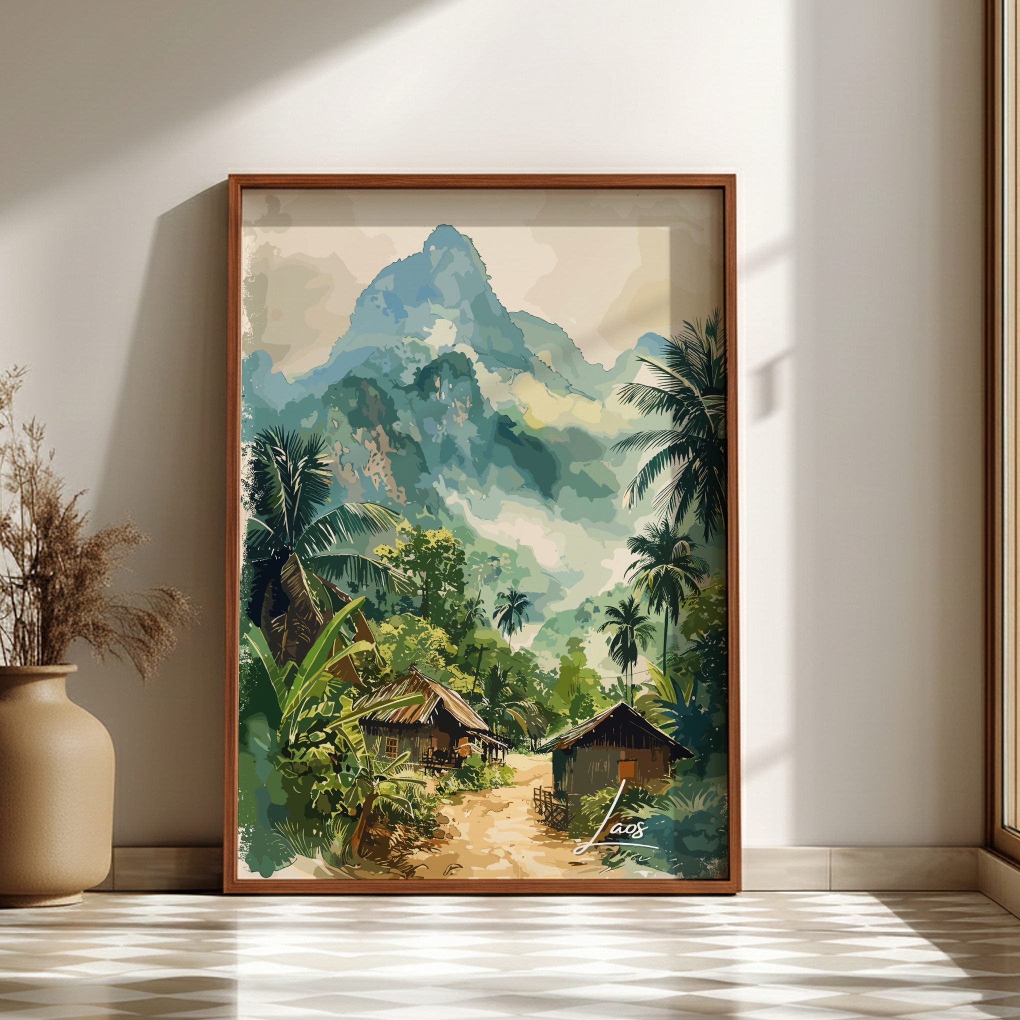 Asian LAOS TRAVEL POSTER - VINTAGE LANDSCAPES ARTWORK