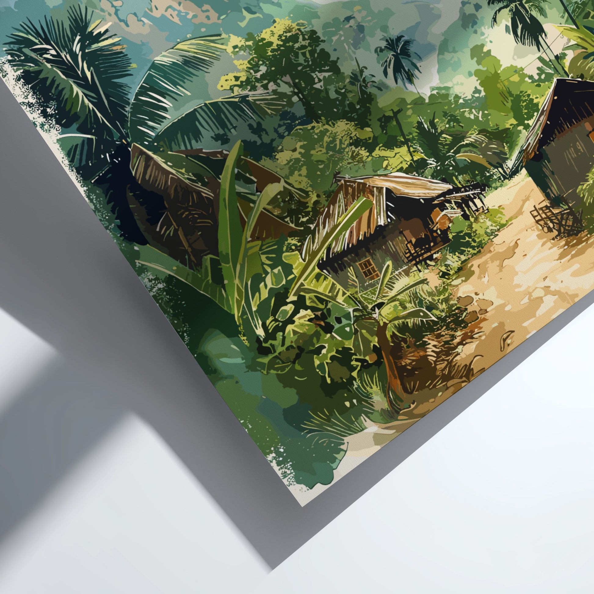 Artistic depiction of a tropical village with wooden huts and lush greenery.
