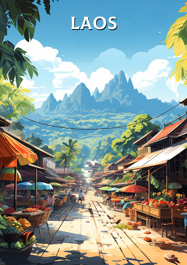 Asian LAOS TRAVEL POSTER - RETRO ART PRINT