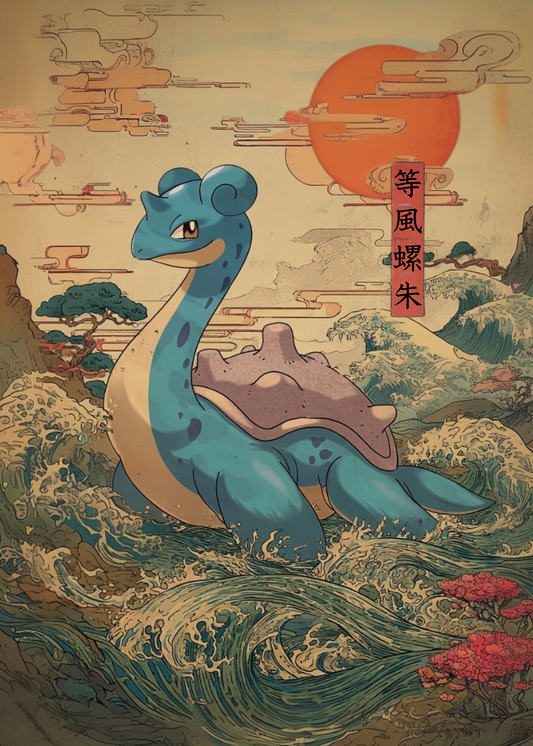 Lapras Pokemon on a stylized landscape background