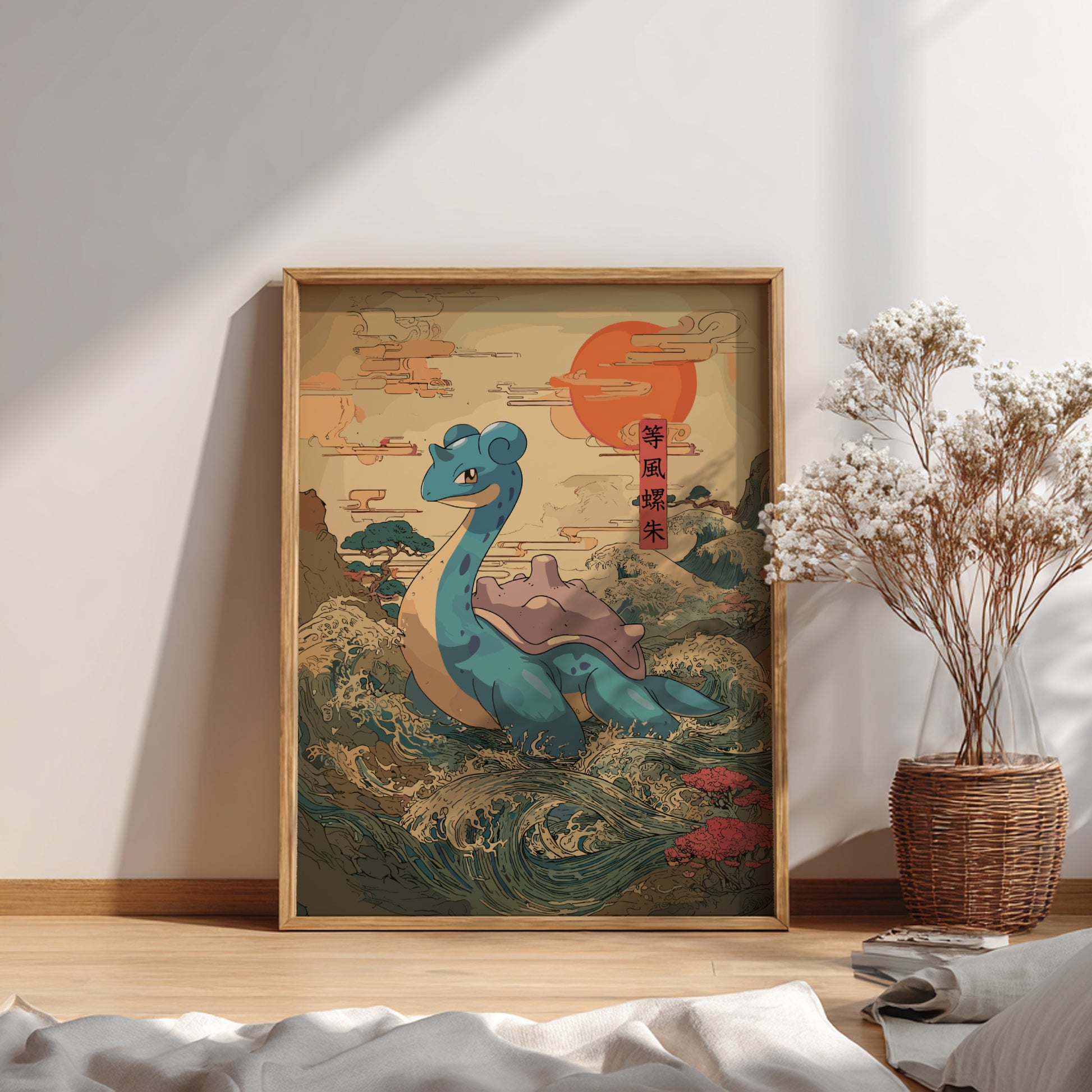 Framed artwork of Lapras Pokemon in a natural setting on a wall with a plant and books below.