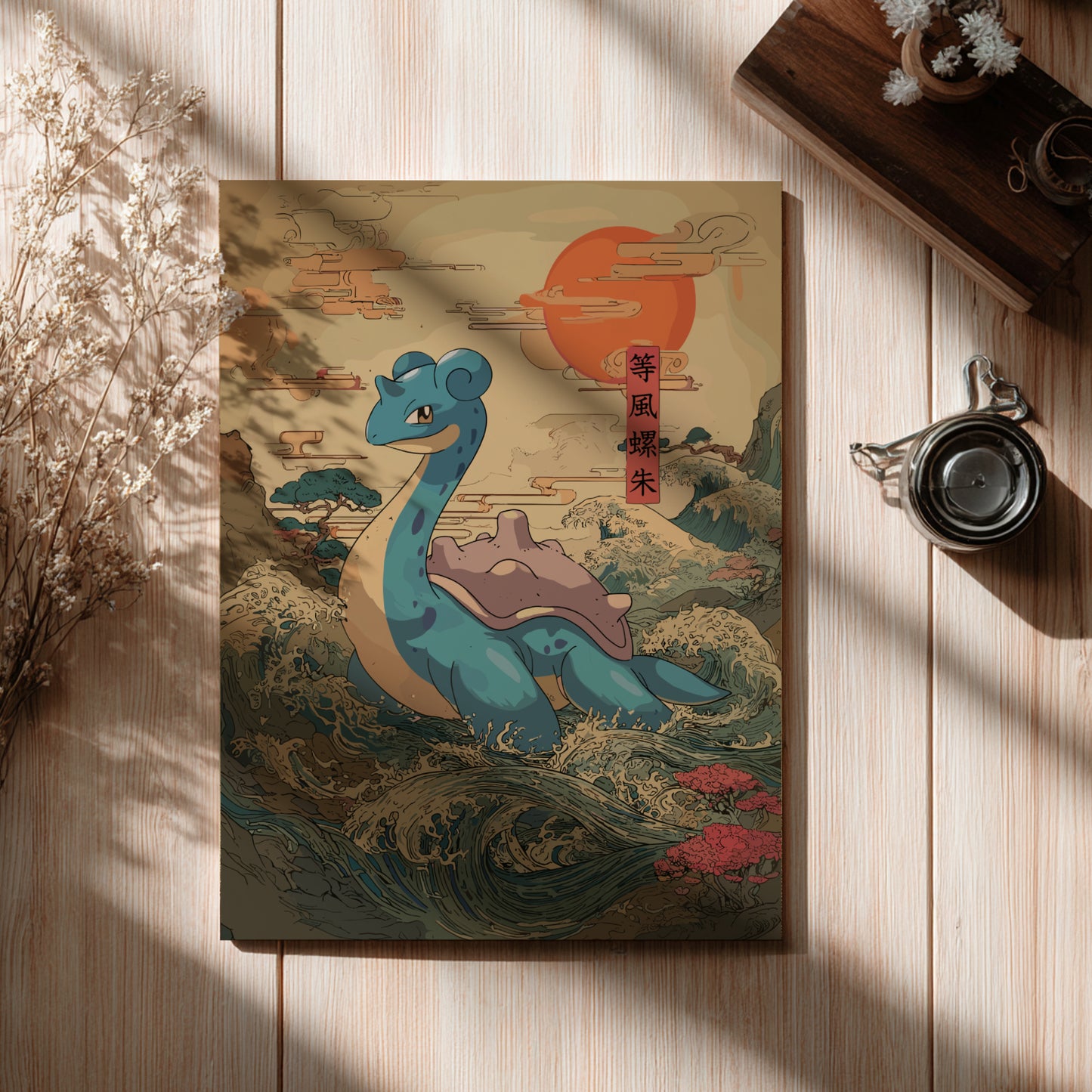 Poster with Lapras Pokemon illustration on a wooden surface