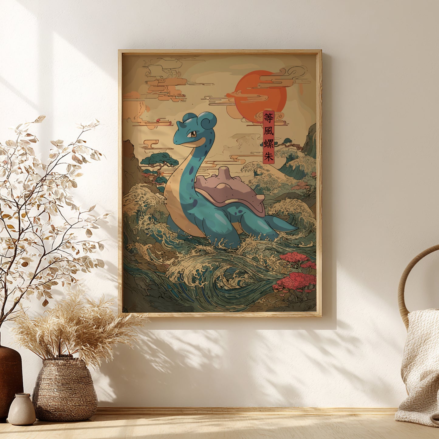 Framed artwork of Lapras Pokemon on a wave with a sunset in a room with decor elements.